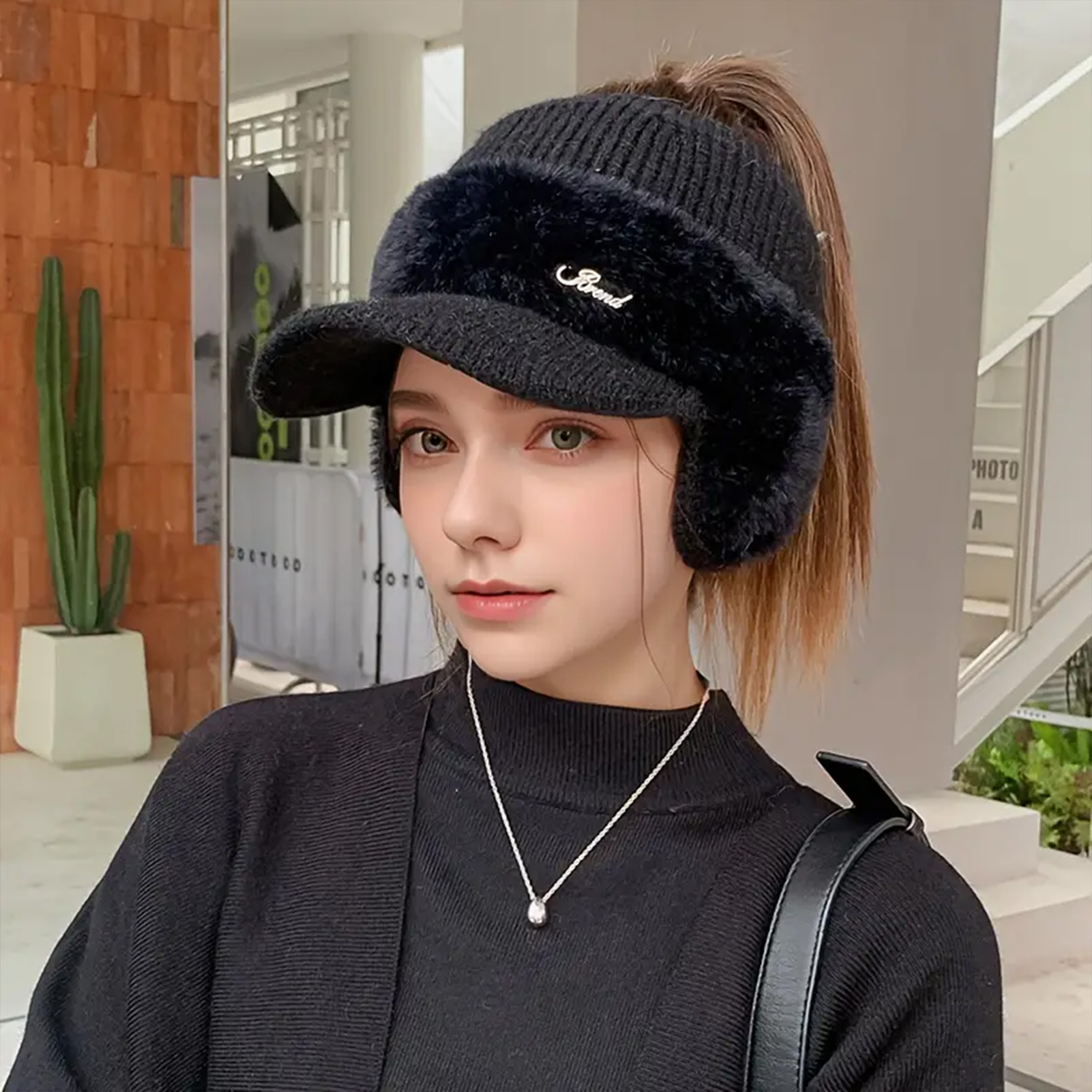 Chapeau d'hiver pour femmes, nouvelle mode, chaud, aile d'oreille, casquette tricotée, casquette de Baseball, Sports de plein air, coupe-vent, queue de cheval, visière