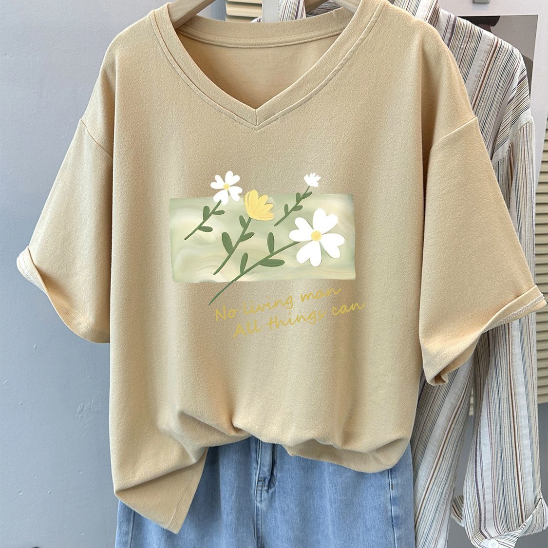 T-shirt d'été en coton à motif dessin animé pour femme, col en V, grande taille XL-6XL (jusqu'à 150 kg), haut décontracté pour femme
