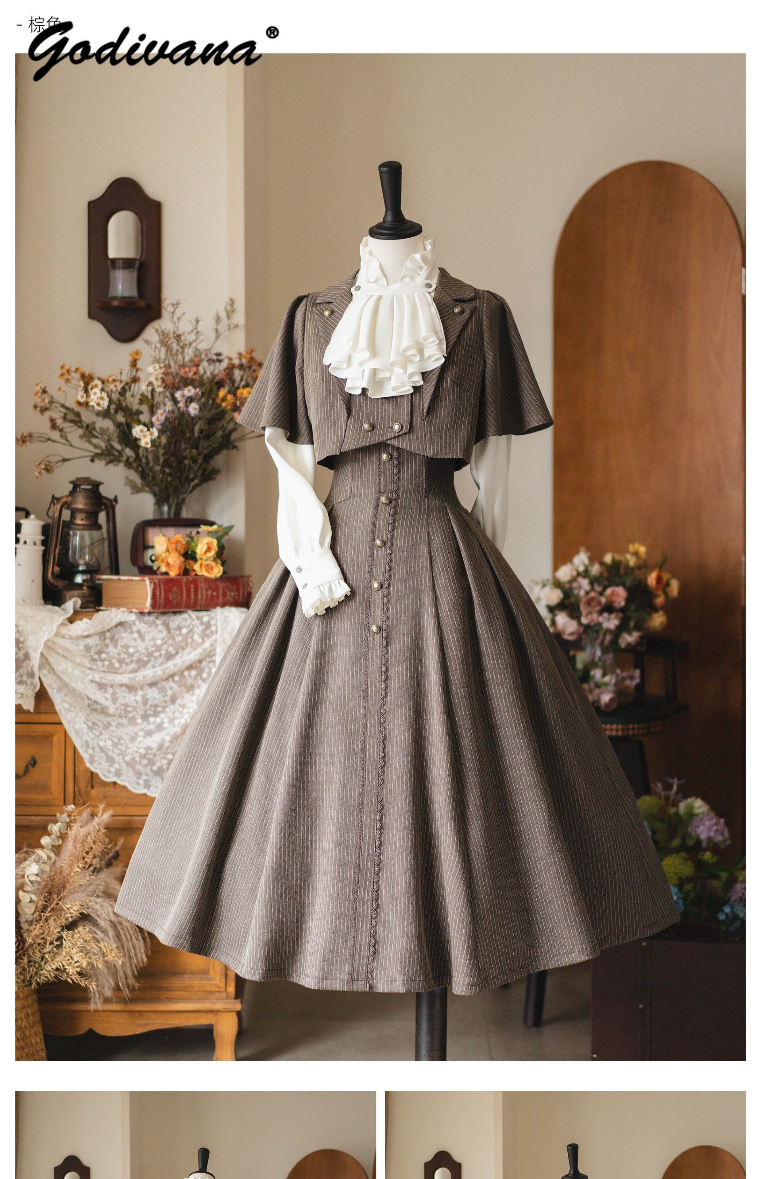 Ensemble jupe rétro Original pour femmes, nouvelle collection printemps, col montant, chemise à manches longues, petit manteau Cape, jupe longue classique élégante