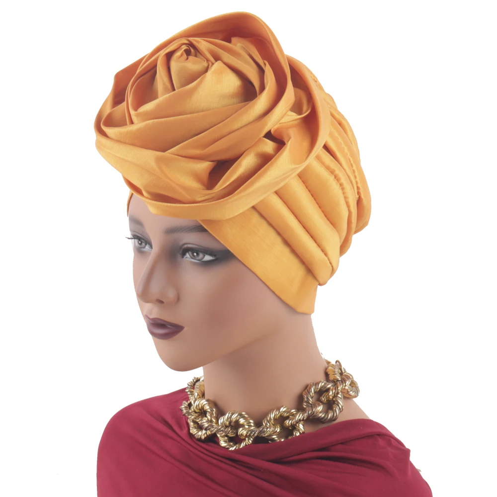 Bonnets Turban africains en soie brute, grande fleur de Rose, couvre-chef pour femmes, enveloppes de tête, Geles de mariage nigérian, Bonnet de fête