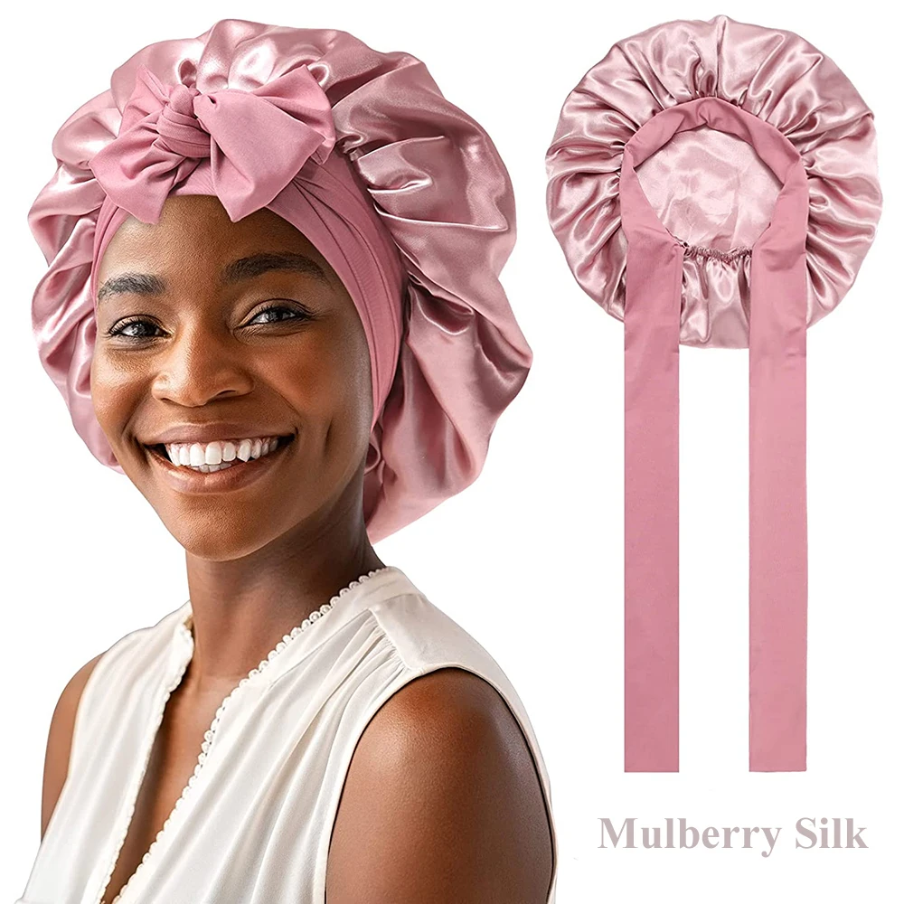 Bonnet de nuit 100 % soie de mûrier pour femmes aux cheveux bouclés, bonnet en satin ajustable avec large bande élastique pour un soin des cheveux sans dommages et un séchage rapide