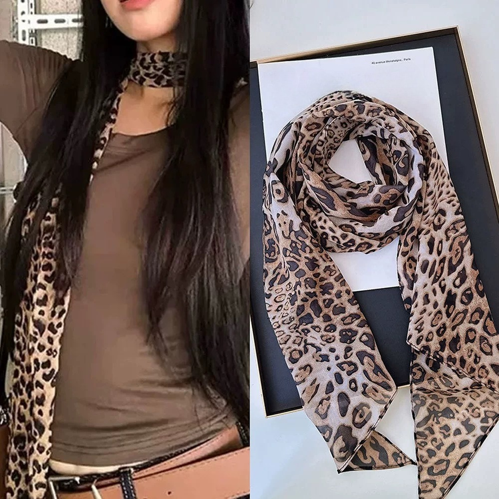 Léopard petite longue écharpe en soie femmes sangle en mousseline de soie hiver chaud coupe-vent Y2k écharpe irrégulière déchets monde Punk pour discothèque fête