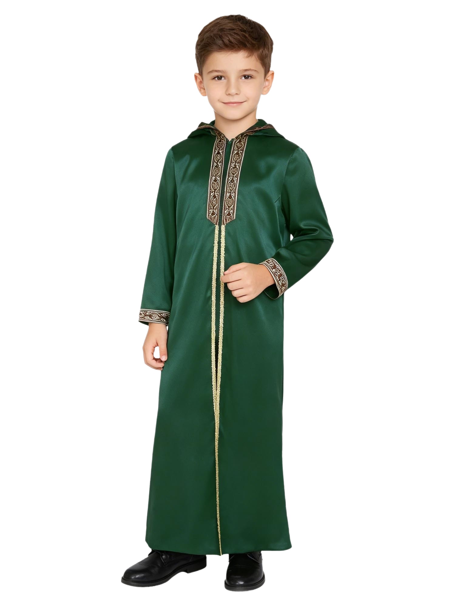 Robe arabe musulmane pour garçons, à capuche, manches longues, fermeture éclair, ruban tressé brodé doré, costume du Ramadan