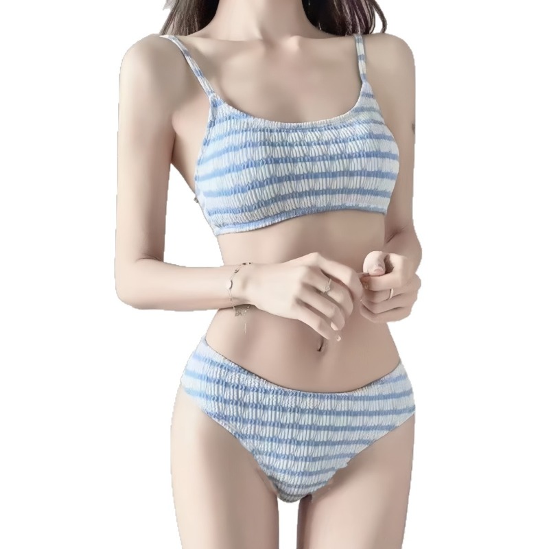 Camisole rayée pour femmes, épaules dénudées, manches longues, couverture en maille, short bleu clair avec cordon de serrage, maillot de bain d'été pour la plage