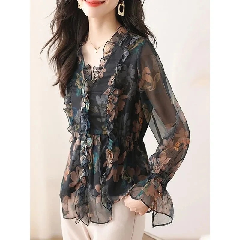 Chemise en mousseline de soie florale pour femmes, printemps-automne, nouvelle tendance de la mode, haut à manches longues, chemisier