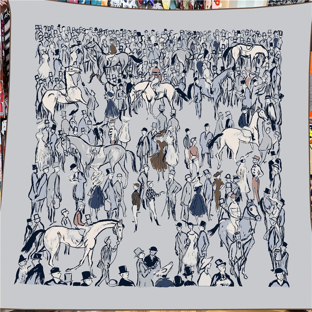 Foulard carré pour femme 135 cm, 30% soie 70% cachemire, ourlet roulé à la main, imprimé Steed Market, grand hijab, bandana, écharpe, foulard
