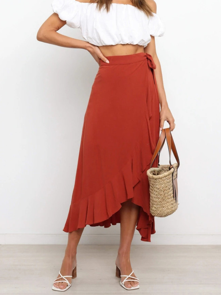 Longue jupe en mousseline de soie rose pour femmes, tenue d'été à lacets irréguliers, couleur unie, taille haute, moulante, noire, 2026