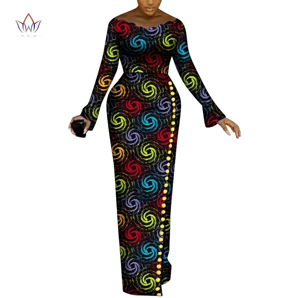 BRW-Robes africaines à manches longues pour femmes, robes de soirée, imprimé africain, boutons de sirène, vêtements pour femmes, WY8240