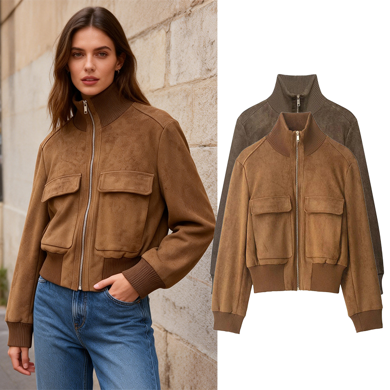 Vestes et Manteaux pour Femmes : Nouvelle Collection – Blouson Court en Suédine Côtelée Tendance, Col Montant, Manches Longues – Idéal Automne Hiver