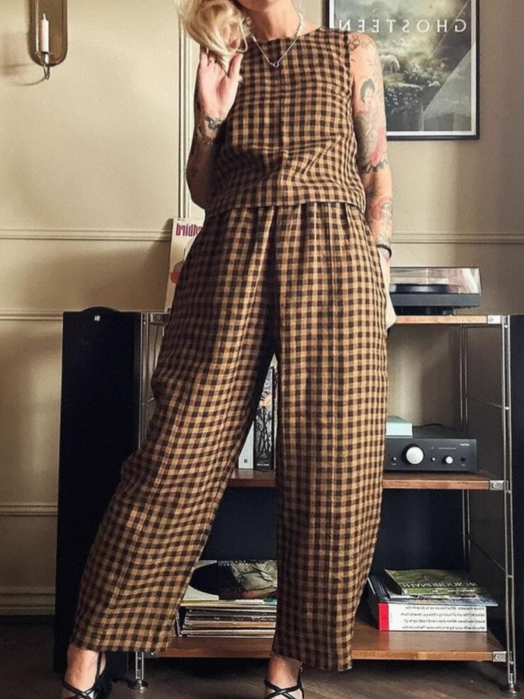 Mode femmes pantalons ensemble imprimé Plaid sans manches 2025 printemps été décontracté gilet neuf points pantalon vêtements de maison femme 2 pièces ensemble