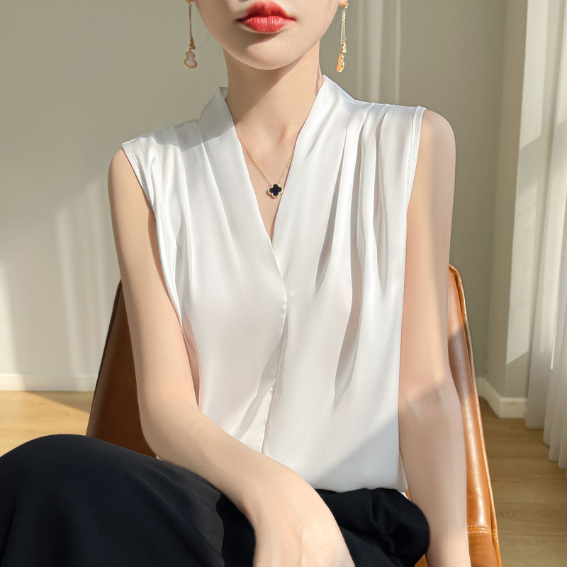Femmes hauts Blouses couleur unie blanc Satin Blouse bureau chemise Blusas sans manches femmes chemises noir blanc femme YTM A31