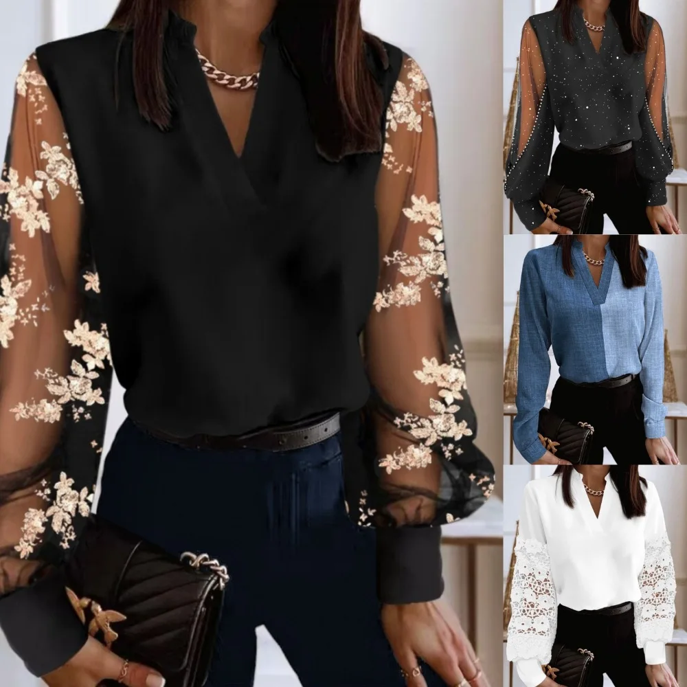 Décontracté automne hiver Blouse 2024 mode Sexy col en v dentelle à manches longues chemise pour haut pour femme Blouse élégante femme bureau banlieue