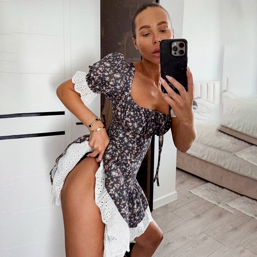 Linad été Vintage dentelle impression robe Sexy taille haute Mini une ligne robes pour femme rue Chic manches bouffantes robe de vacances 2025