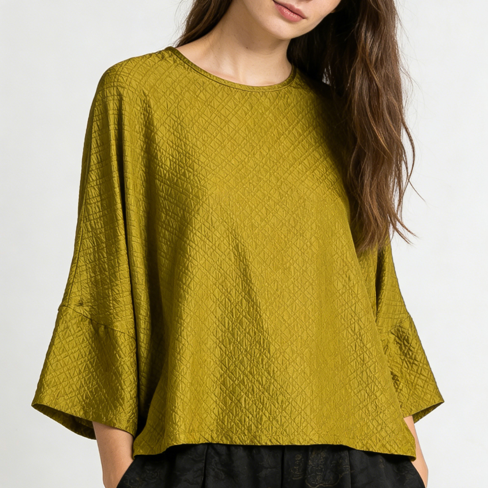 T-shirt simple et confortable en soie de mûrier 100% naturelle, crêpe Guanle, col rond, manches chauve-souris trois-quarts, devant court et dos long