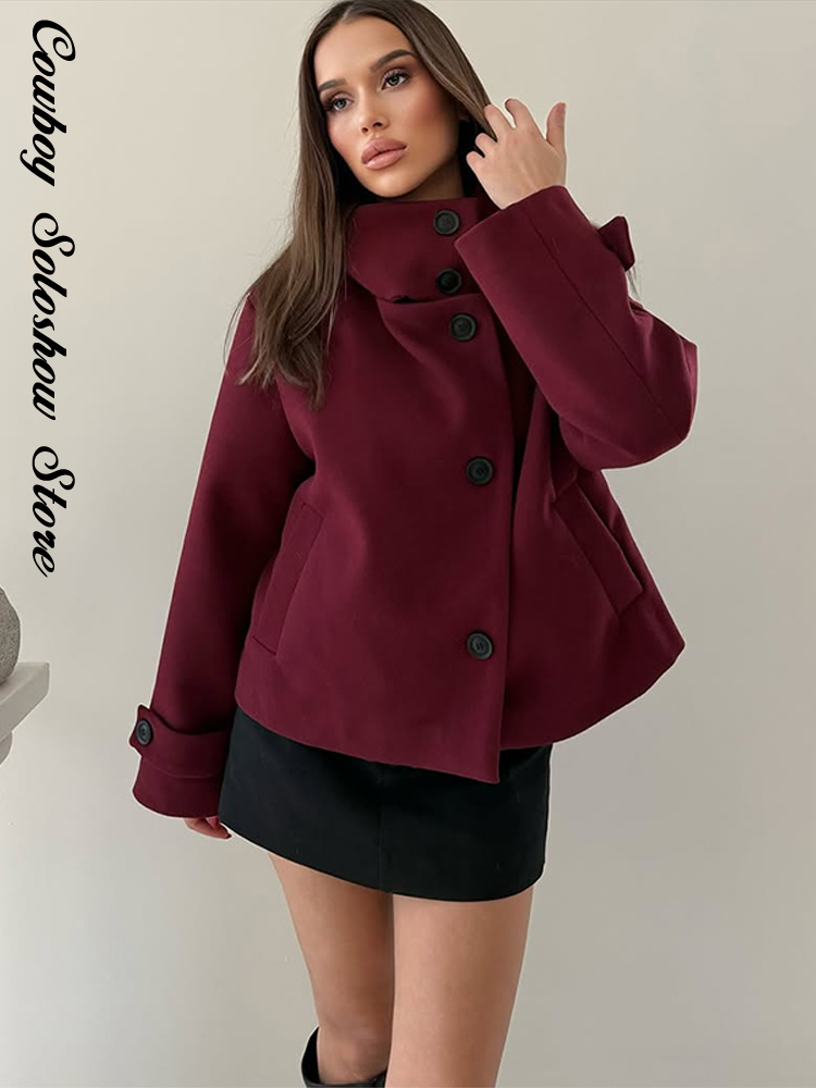 Manteau en laine à col haut uni pour femmes, élégant, chaud, à simple boutonnage, manches longues, avec poches, manteau court, nouvelle veste d'hiver quotidienne pour femme.