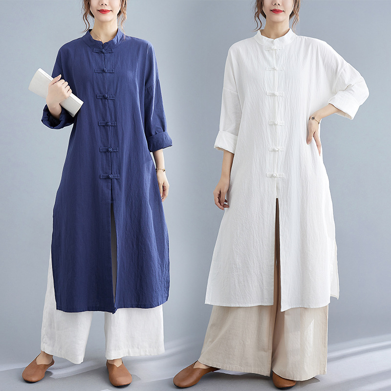 Vêtements traditionnels chinois pour femmes, coton, manches longues, simple boutonnage, haut adt, vêtements de thé de méditation, printemps, automne