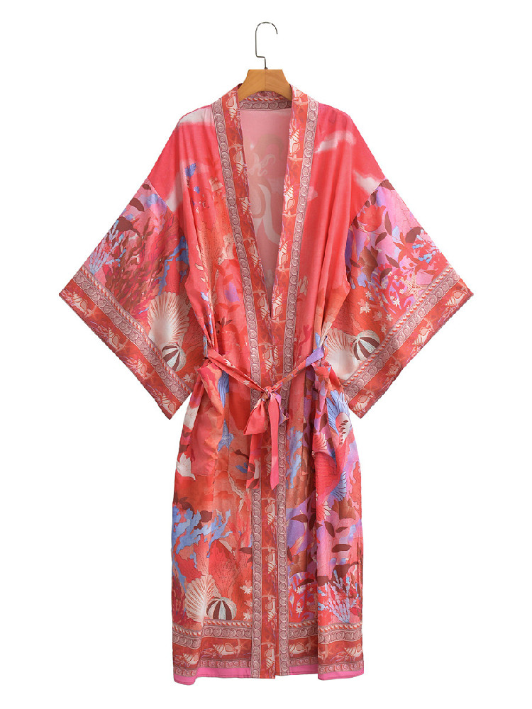 Kimono à imprimé fleuri sirène, col en V, chemise longue, hippicopter, marée, ceintures à nœud, cardigan midi, chemisier adt, cape de plage, vacances
