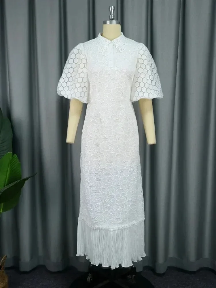 Robes mi-longues en dentelle blanche pour femmes, col rabattu, manches bouffantes, ourlet plissé, vêtements de luxe, élégantes, invités de mariage, occasion