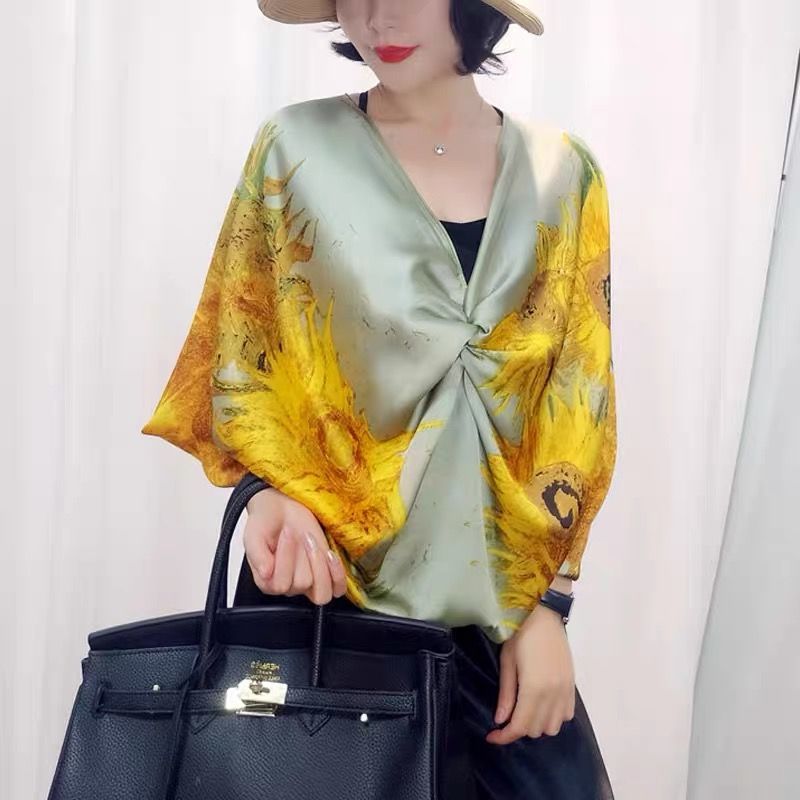 Écharpe en soie tendance pour femme, motif tournesols, châle de protection solaire pour voyage en extérieur, couvre-chaussons de plage d'été YD5065
