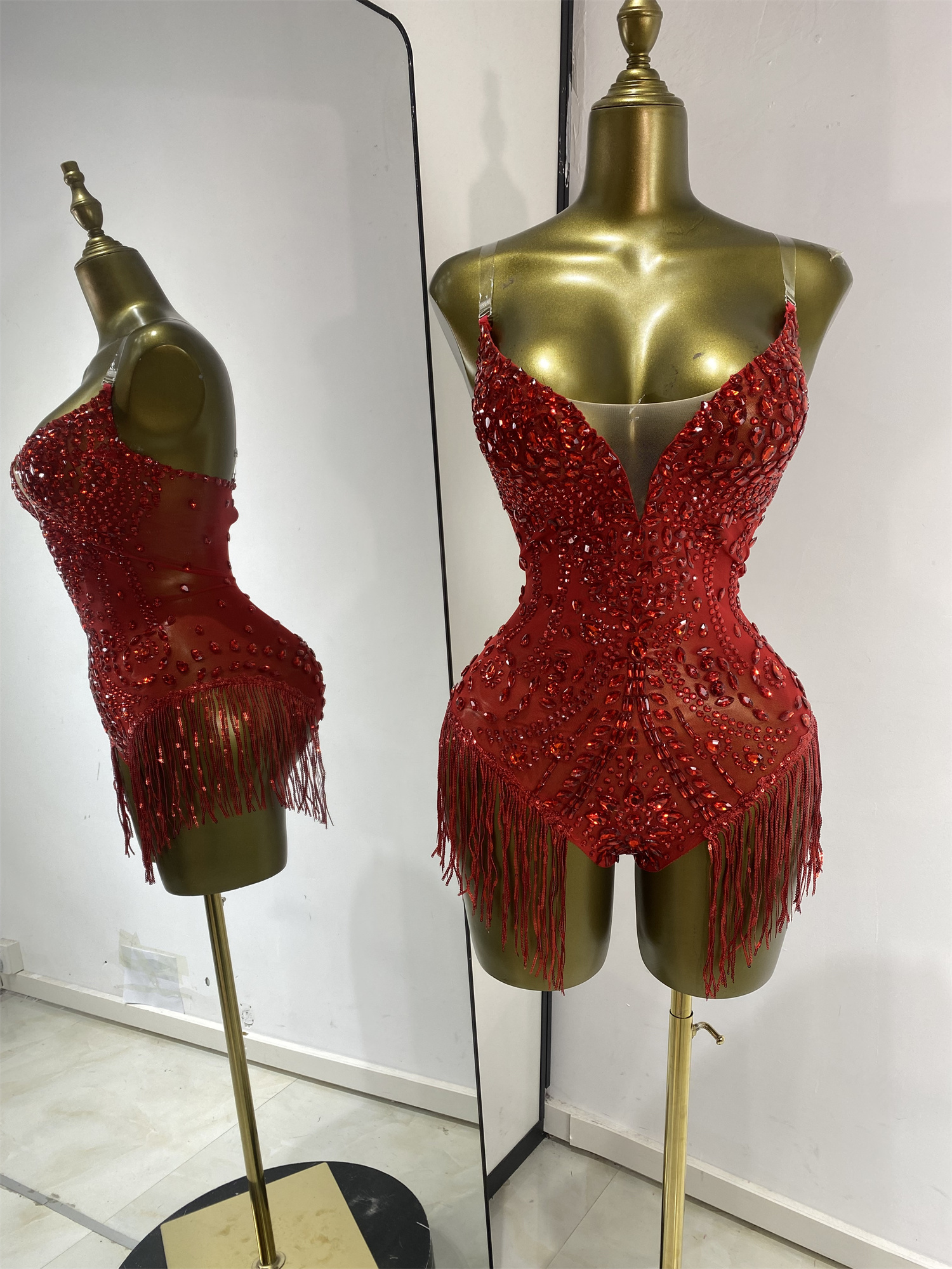 Robe Burlesque pour femmes, rouge, brillante, avec strass, franges, maille transparente, combinaison pour soirée, club, bar, spectacle pour adultes