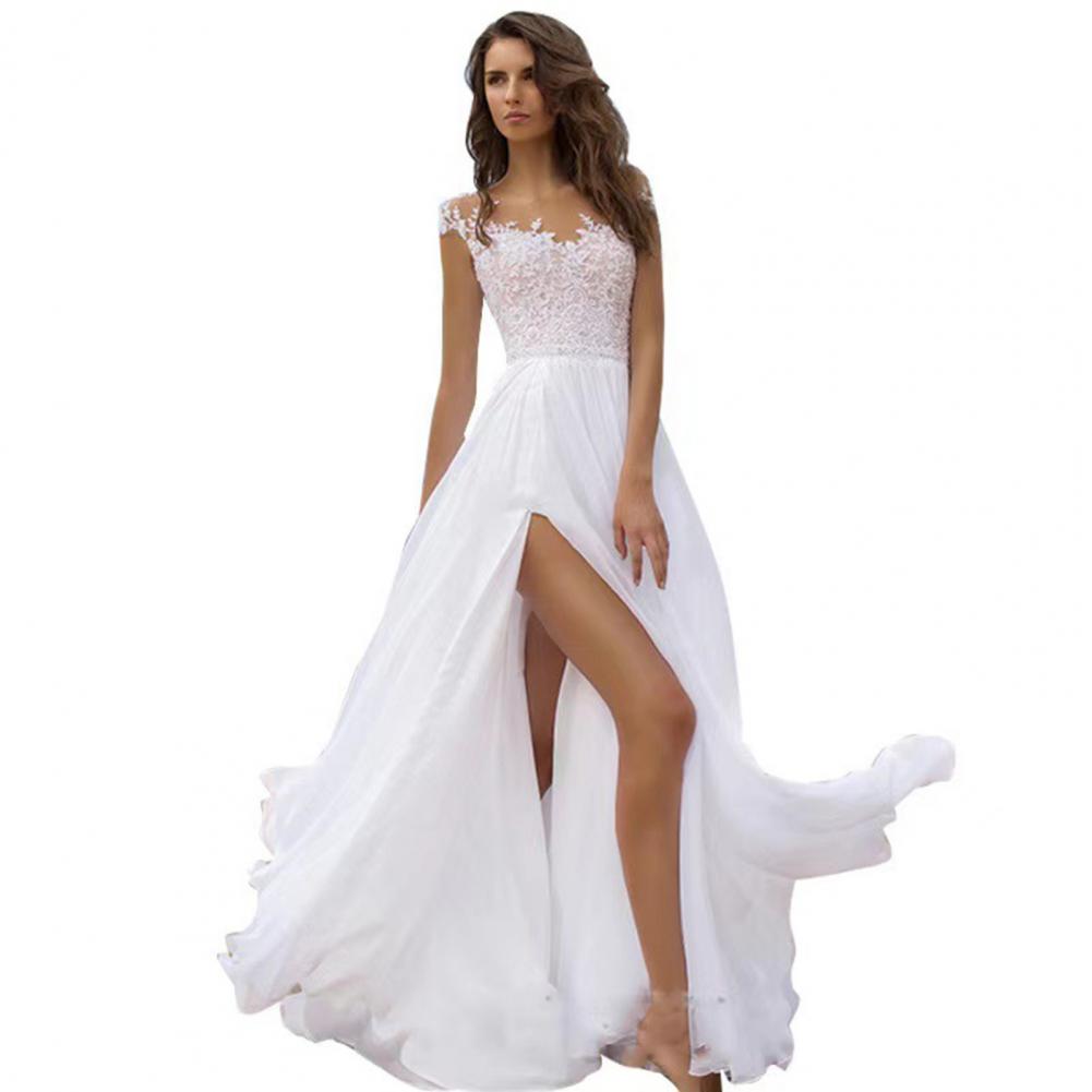 Robe de soirée élégante en dentelle pour femmes, col en v, robe de mariée en mousseline de soie avec fente, style Boho, plage pour bal de promo