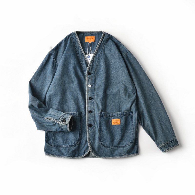 Veste en jean délavé style rétro japonais pour homme, cardigan décontracté à col en V avec poches utilitaires
