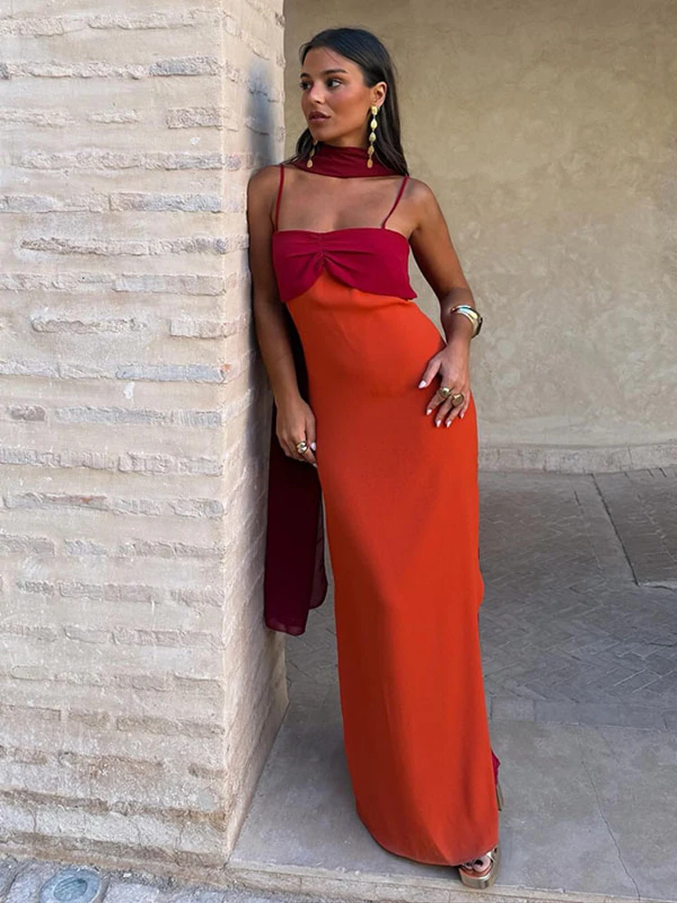 Nouvelle Robe Longue Chic Femme 2026 à Col Écharpe Color Block, Sexy, Fendue, Moulante, avec Taille Cintrée, pour Soirée