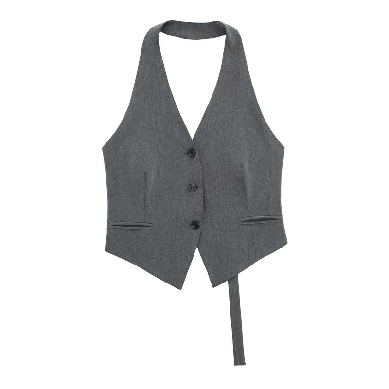 Gilet court sans manches pour femmes, épaules dénudées, dos nu, col en V, gilet court d'été, tenues quotidiennes, 2025