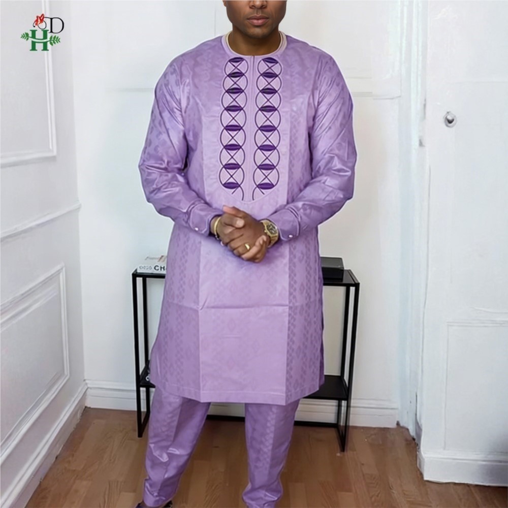 Robes africaines H&D pour couple, ensemble traditionnel violet assorti, tenue brodée pour homme, robe originale de Dubaï pour femme.
