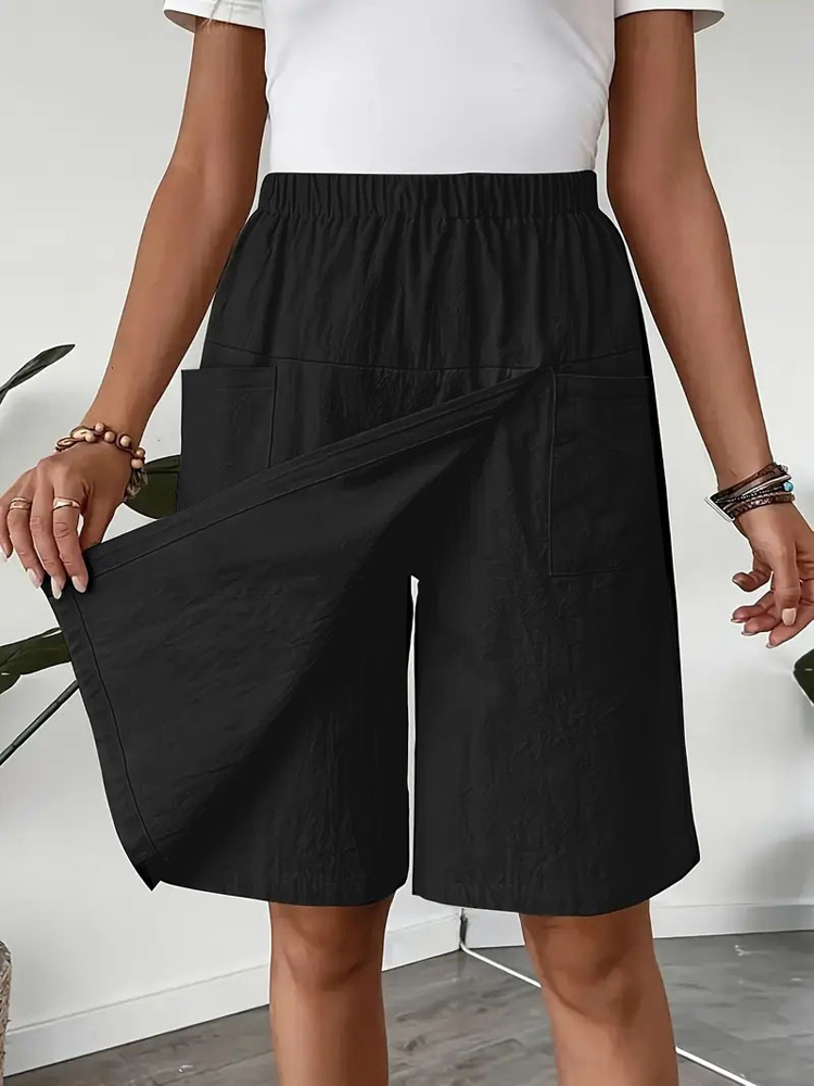 Pantalon jupe fin pour femme, décontracté, taille haute élastique, avec poches, coupe large, mi-pantalon LRFZ-C480