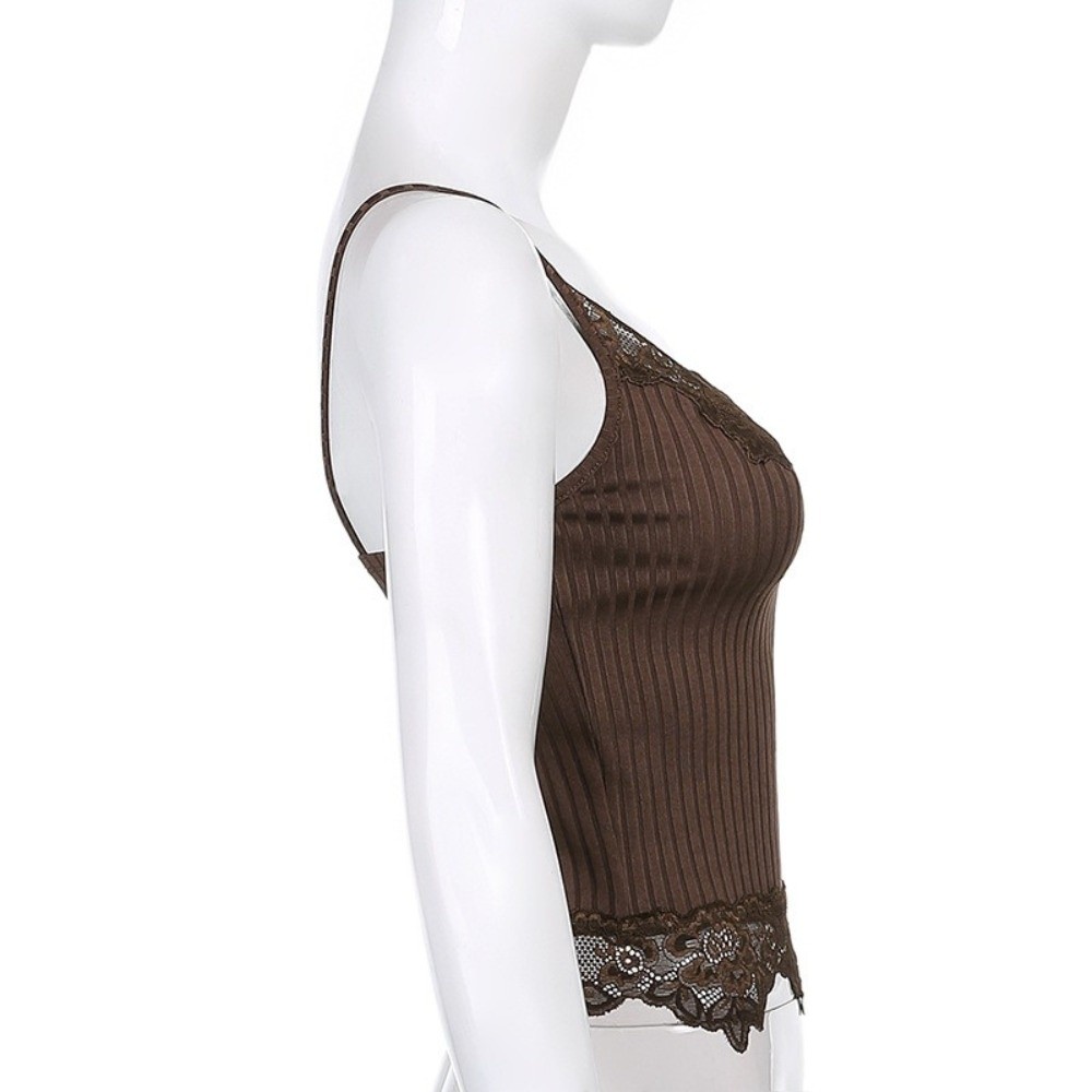 Débardeur en dentelle sans manches pour femme, col en V, sexy, basique, camisole tricotée à fines bretelles, pour filles
