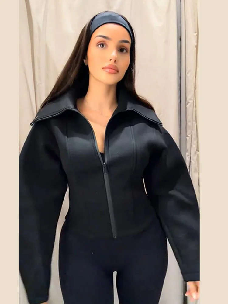 Veste pour femme, manteau cintré à la taille, col rabattu, fermeture éclair unie, vêtement d'extérieur décontracté pour femme, veste en caoutchouc chloroprène pour femme