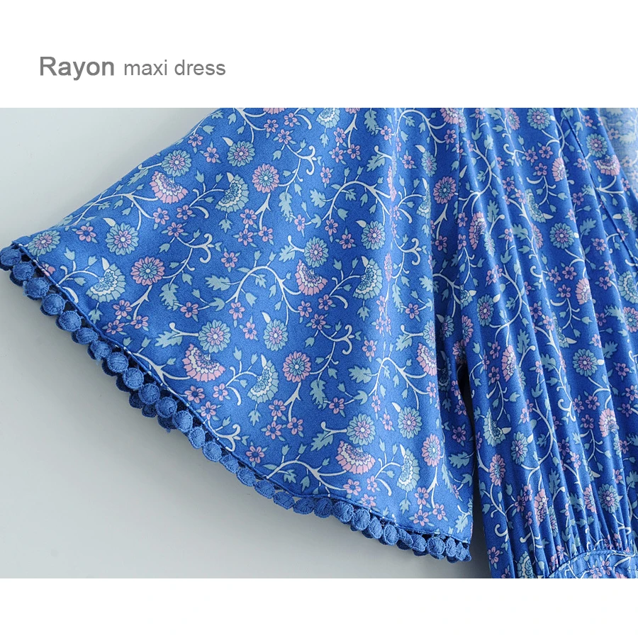 Robes Maxi en Coton Bleu Rayonne pour Femmes, Imprimé Floral, Sexy, V Profond, Boho, Été, Ample, Hiphélicoptère, Longue, Éducative