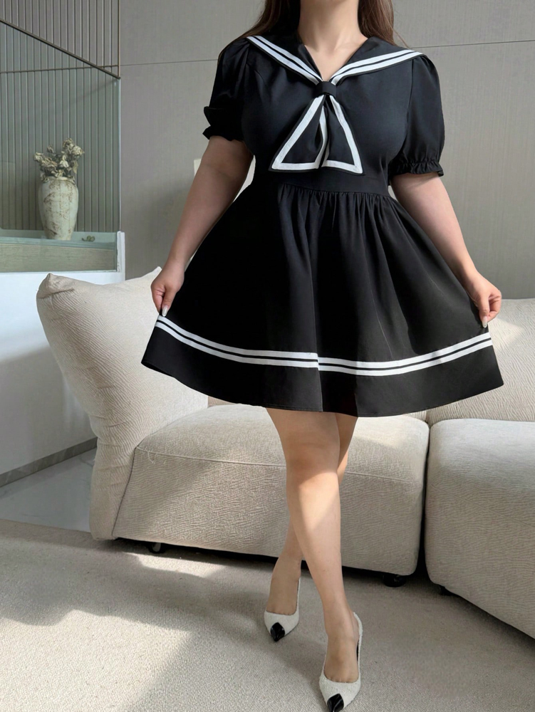 Robe d'été de style princesse pour filles grandes tailles |   Jupe midi tendance de style preppy |   Manches courtes |   Coupe en forme de A |   Polyester