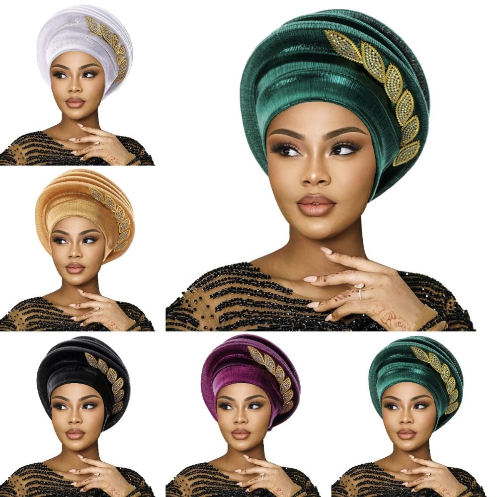 Turban Béret Spirale Léger et Respirant avec Motifs Feuilles et Diamants, Style Luxe Africain, Coiffe Nigériane pour Femme
