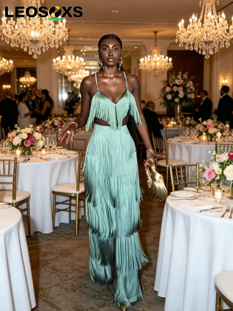 Nouvel ensemble 2 pièces pour femme, turquoise, à franges, avec haut à fines bretelles et pantalon, tenue élégante à découpes à la taille pour soirée, cocktail, club