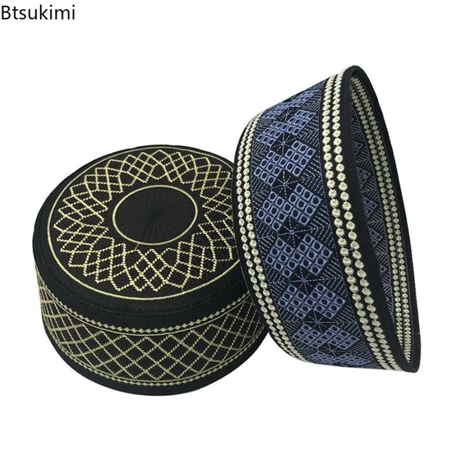 Chapeau de prière Hijab brodé Vintage pour hommes, Turban indien, chapeaux ronds Kufi respirants pour adultes, vêtements islamiques arabes, casquettes musulmanes