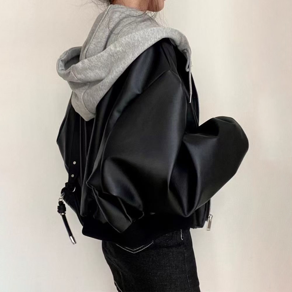 Veste à capuche noire pour femme, mode coréenne, manteau en cuir Harajuku, bombardier esthétique, streetwear