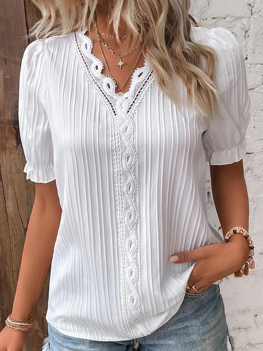 Femmes élégantes Blouse chemise col en V dentelle Patchwork chemises à manches courtes pour les femmes été montre de sport blanc
