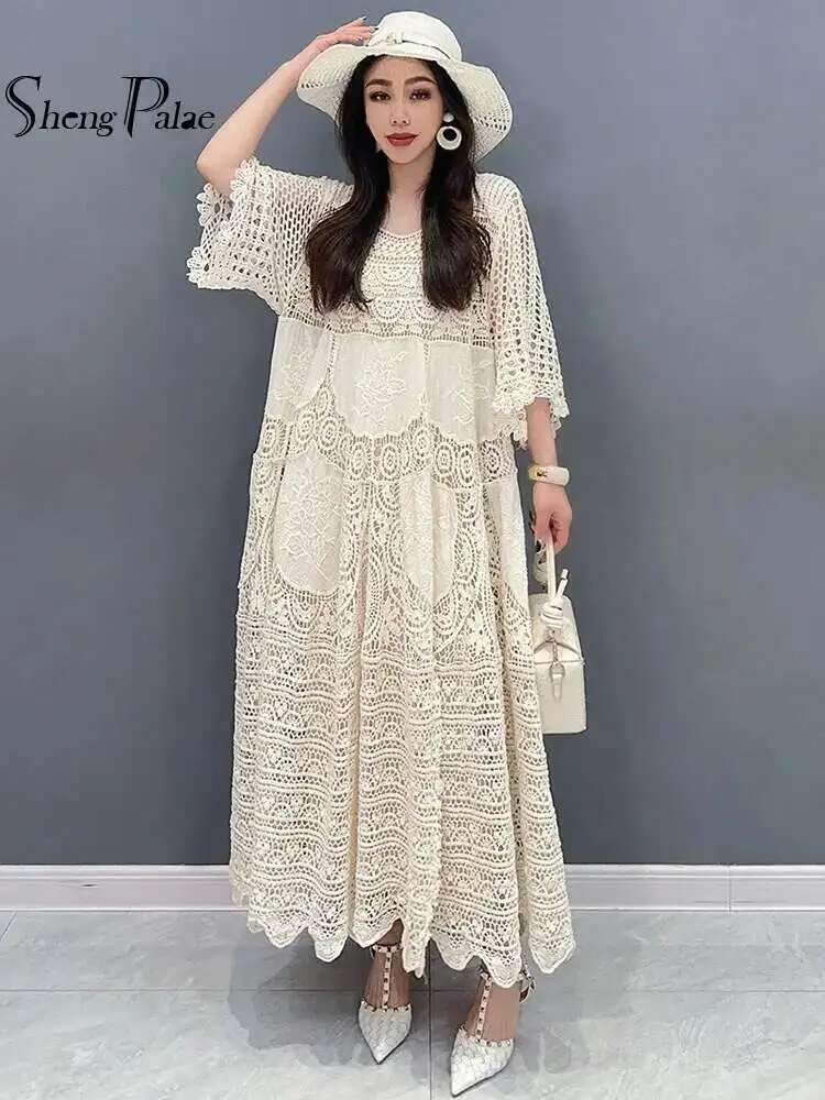 SHENGPALAE-Robe en Dentelle à Manches Mi-sulfpour Femme, Grand Ourlet, Amissié, Élégante, à la Mode, Nouvelle Collection Printemps Été 2024, 5R9579
