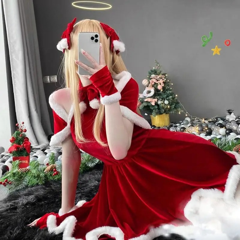Costume de cosplay de Noël, robe, accessoires, tenue rouge du Nouvel An, cape, carnaval, tenue de fête sur le thème de Noël pour femmes adultes