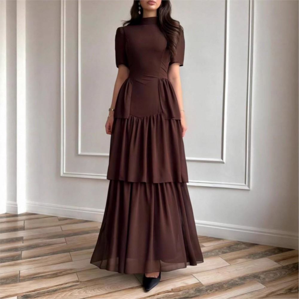 Robes Élégantes 2026 pour Femme – Robe de Soirée, Mariage, Cérémonie – Style Rétro, Manches Courtes, Plissée, Couleur Unie, Coupe Ajustée Chic