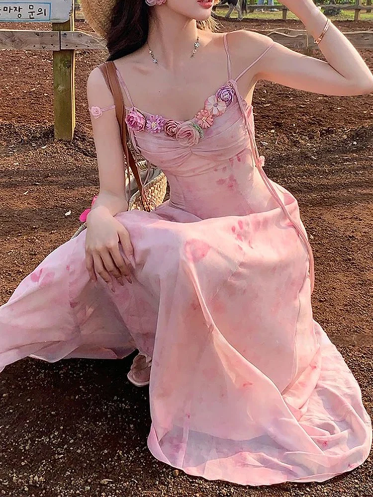 Robe mi-longue en mousseline de soie pour femme, robe imprimée rose clair, mode de plage, Y2K, vintage, chic, français, rétro, élégant, décontracté, été