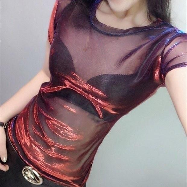 Chemise de Base en soie nacrée dégradée, col rond, manches courtes, pull en dentelle, nouvelle collection printemps et été 2025