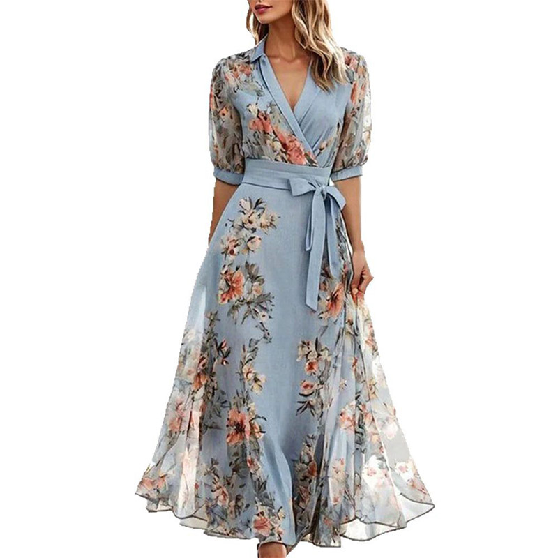 Robe imprimée élégante pour femmes, mode, manches courtes, col en V, taille haute, à lacets, robes amples, décontractées, vêtements de bureau et de vacances