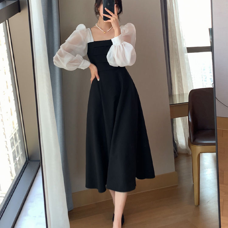 Robe noire coréenne en mousseline de soie pour femme, robe taille haute, patchwork, col carré, robe trapèze, mode élégante, bureau, été, éducatif