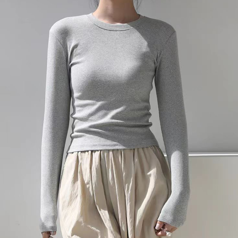 T-shirt basique en coton à col rond et manches longues pour femme, coupe courte sexy, ajustée et décontractée, Noir, Blanc, Collection Automne 2026