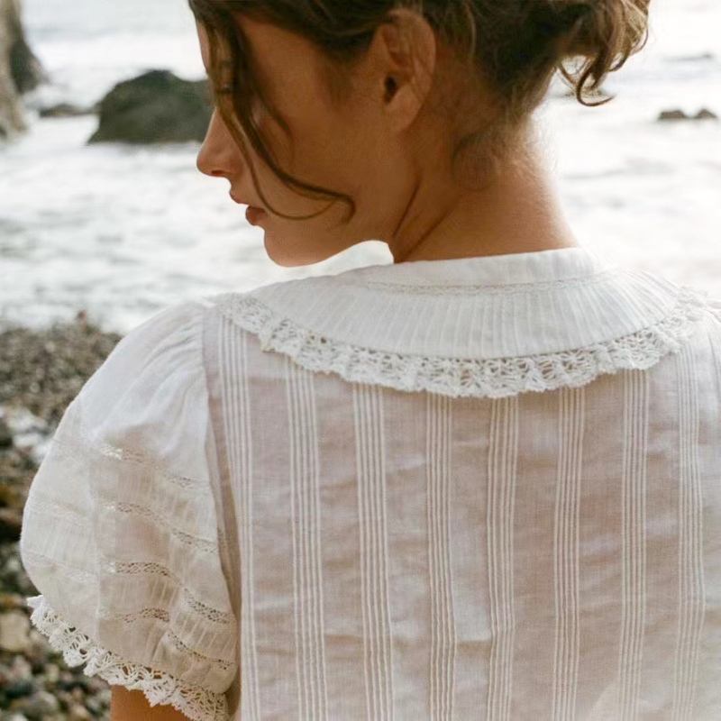Chemisier Blanc en Dentelle 100% Coton pour Femme, Style Français, Manches Bouffantes, Garniture Ajourée, Sheery, Nouvelle Collection Été
