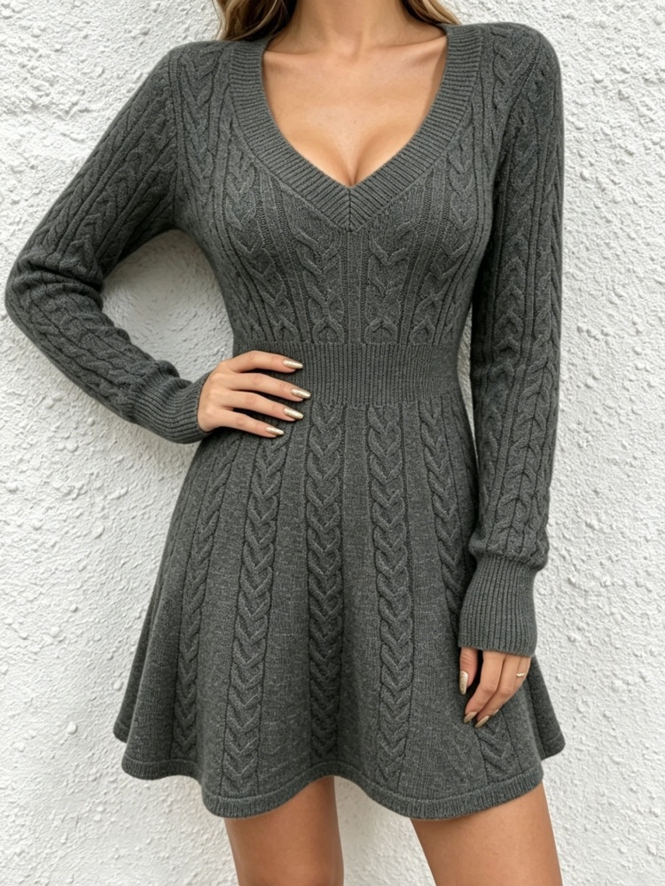 Robe pull tricotée décontractée à manches longues pour femme, élégante, col en V profond, taille haute, coupe ajustée, mini robe, tricot automne-hiver