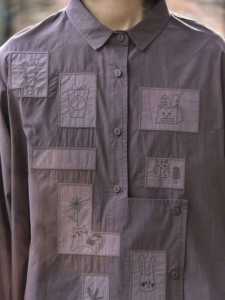 [EAM] Nouvelle Blouse Décontractée Grande Taille pour Femme avec Broderie Blanche, Col Revers, Manches Longues, Tendance Mode Pr